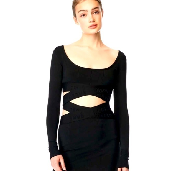 NWT HERVE LEGER BLACK LONG SLEEVE BANDAGE BODYCON CROP TOP EMBROID… - Picture 5 of 12
